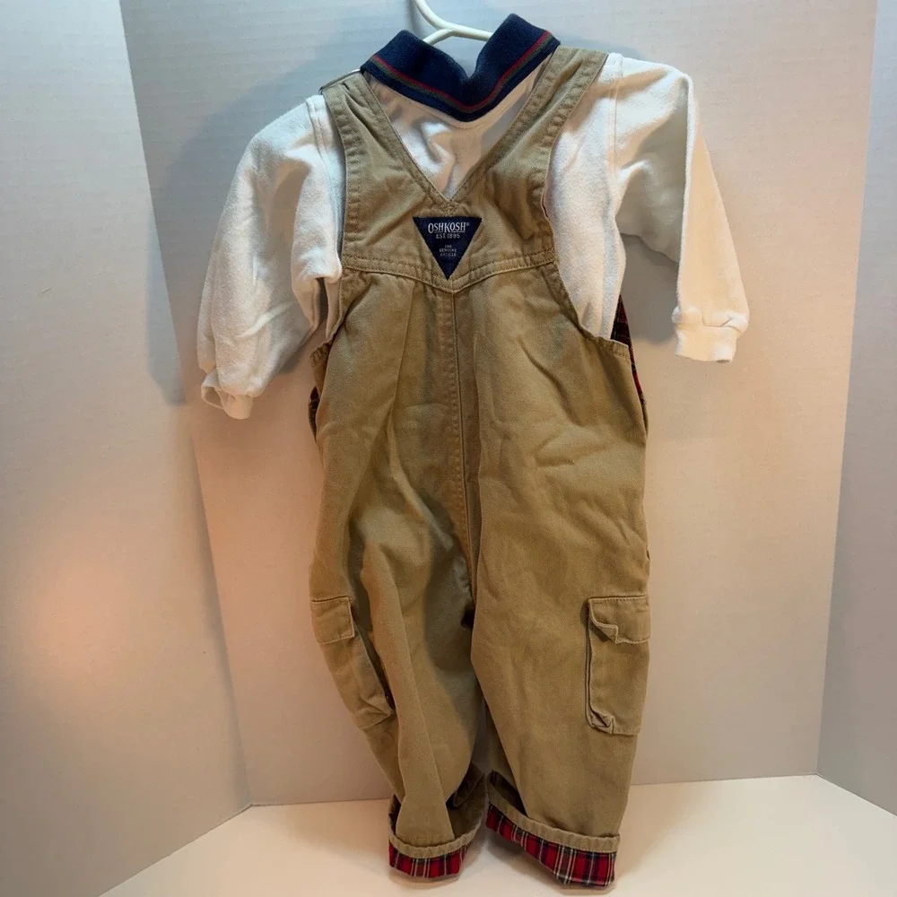 OshKosh B'gosh Baby Boy‎ 12 Month Tan Overalls Shirt Set Plaid Trim Vintage